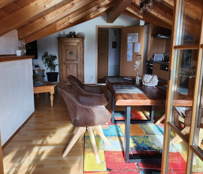 Blick vom Balkon in den Wohn- und Essbereich